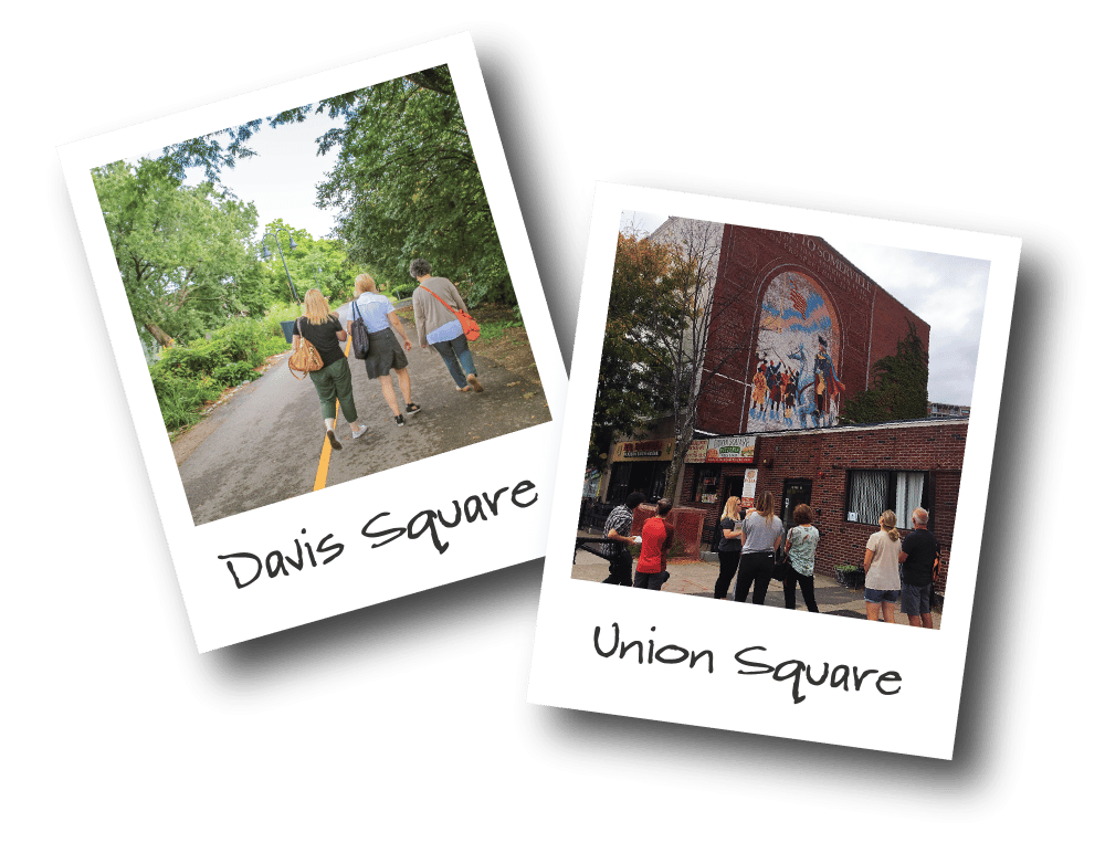 Two polaroids showing people walking in Davis Square and a mural in Union Square, Somerville.  