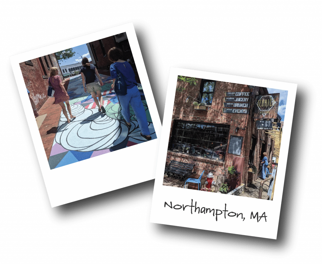 Two polaroid photos show three women walking over an art mural painted on the street while enjoying an Off the Beaten Path Food Tour in Northampton; and the outside facade of a local cafe. 