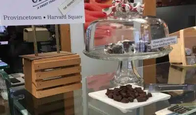 A plate of chocolates sits on a glass counter as seen on an Off the Beaten Path Food Tour in Harvard Square.